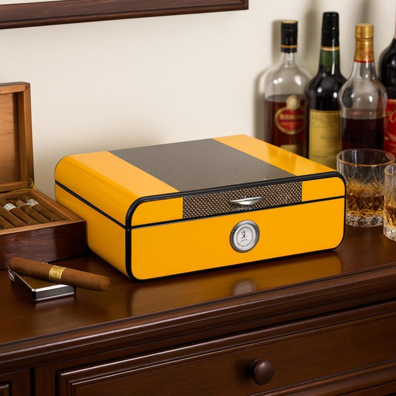 Bey-Berk Yellow Lacquered Cigar Humidor â€“ Holds 25 Cigars, Spanish Cedar Storage Box with Hygrometer, Chrome Accents - Image 5